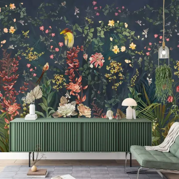 Cennet Bahçesinde Papağanlar Çiçekler Duvar Kağıdı