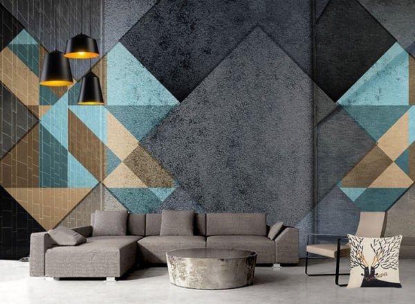 Geometrik Kareler Antrasit Mavi Duvar Kağıdı