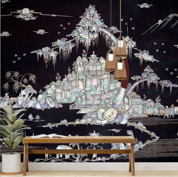 İllustrasyon Siyah Zeminde Pagoda Evleri