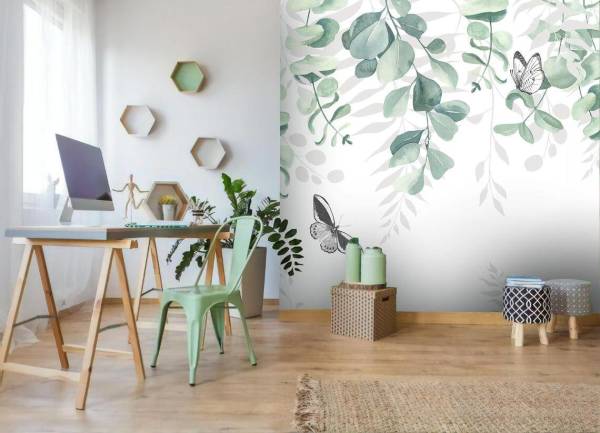 Suluboya Yeşil Yaprakları ve Kelebekler Duvar Kağıdı