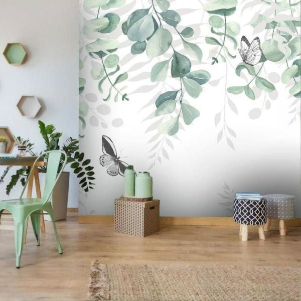 Suluboya Yeşil Yaprakları ve Kelebekler Duvar Kağıdı