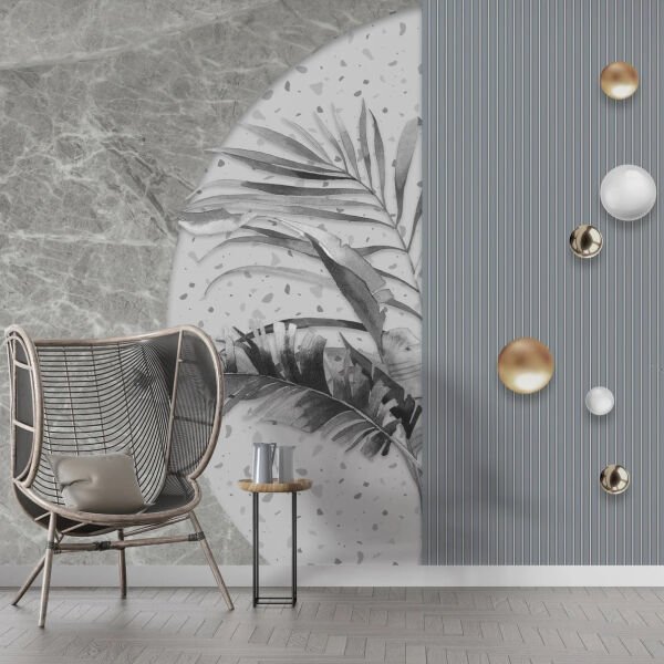 Mermer Zeminde Antrasit Yapraklar Duvar Kağıdı