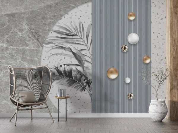 Mermer Zeminde Antrasit Yapraklar Duvar Kağıdı