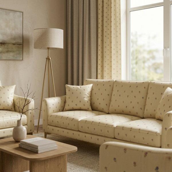 Çizgili Saten Zemine Nakışlı Döşemelik Kumaş