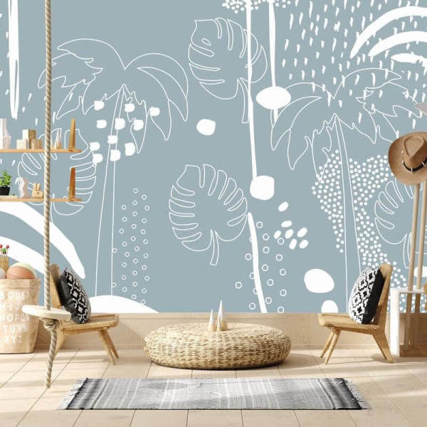 Mavi Zeminde Beyaz Çizim Yapraklar Duvar Kağıdı