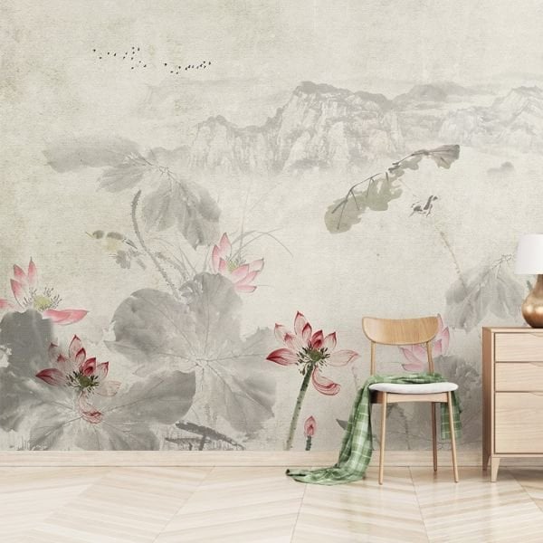 Gri Zeminde Dağlar Çiçekler Duvar Kağıdı