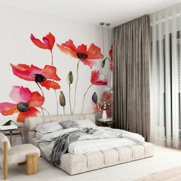 Beyaz Zeminde Gelincik Çiçekleri Duvar Kağıdı