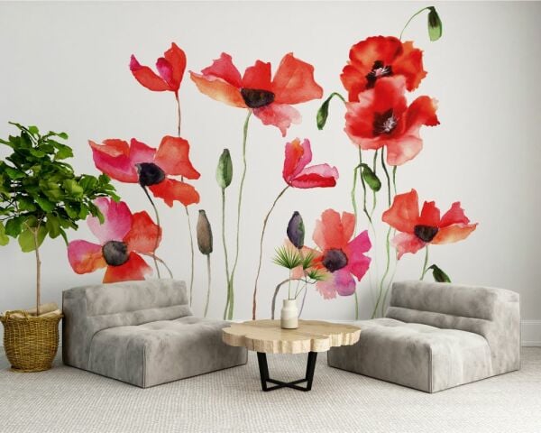 Beyaz Zeminde Gelincik Çiçekleri Duvar Kağıdı