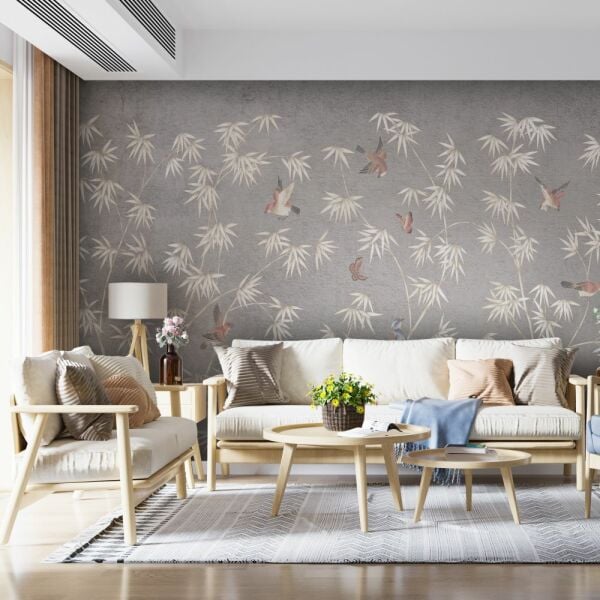 Vizon Zeminde Beyaz Dallar Kuşlar Duvar Kağıdı