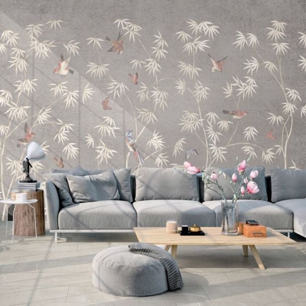 Vizon Zeminde Beyaz Dallar Kuşlar Duvar Kağıdı