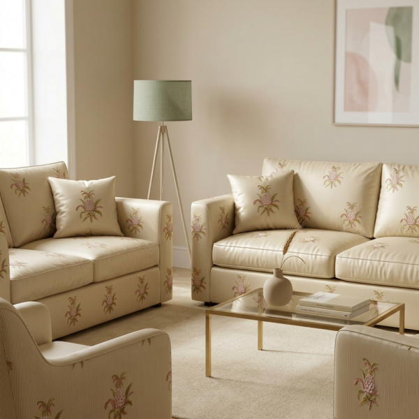 Çizgili Saten Zemine Nakışlı Döşemelik Kumaş