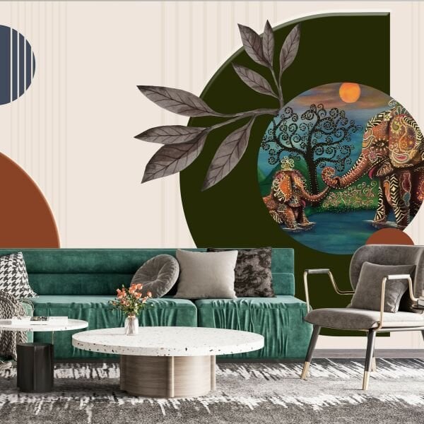 Etnik Çizimler İçinde Anne Çocuk Fil Duvar Kağıdı