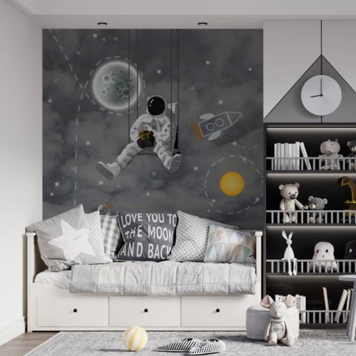 Salıncakta Oturan Astronot Uzay Ay Yıldızlar Duvar Kağıdı