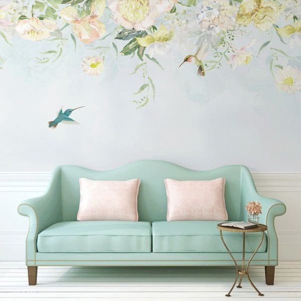 Mavi Zemin Kırlangıç Kuşlar Çiçekler Duvar Kağıdı