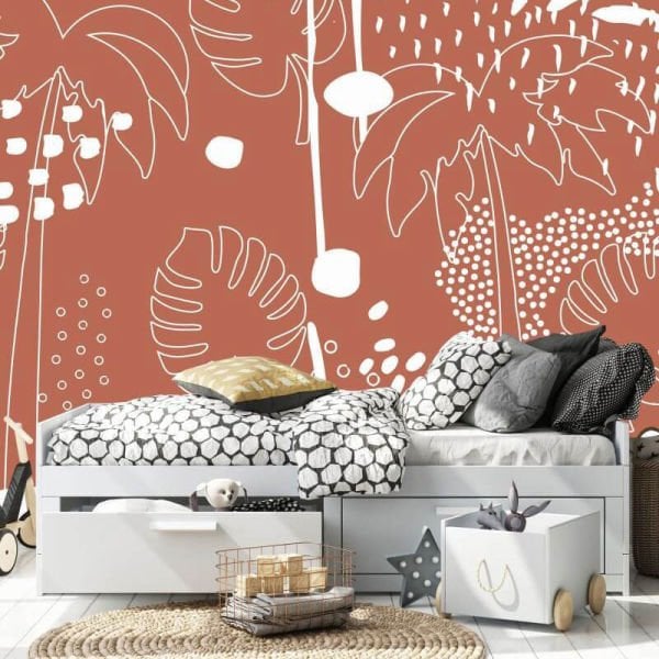 Kiremit Rengi Zeminde Beyaz Yaprak Çizimler Duvar Kağıdı