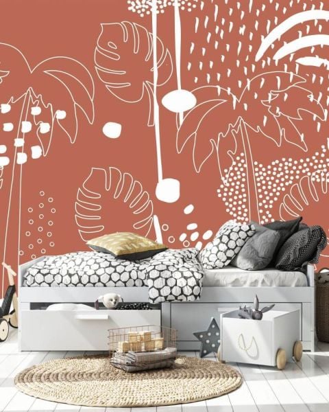 Kiremit Rengi Zeminde Beyaz Yaprak Çizimler Duvar Kağıdı