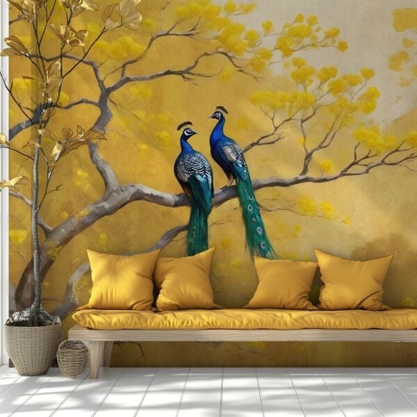Altın Yapraklar Üstünde Zarif Tavus Kuşları Duvar Kağıdı