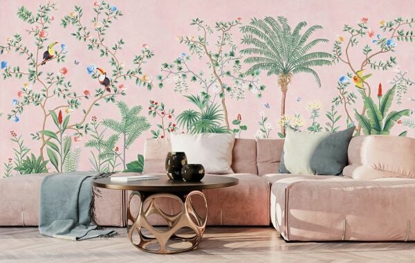 Pembe Zeminde Papağanlar Duvar Kağıdı