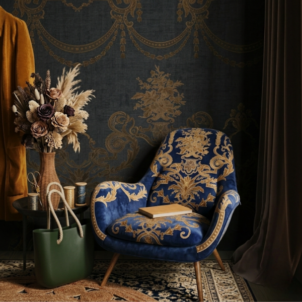 Kadife Üzeri Nakışlı Kombin Döşemelik Kumaşlar