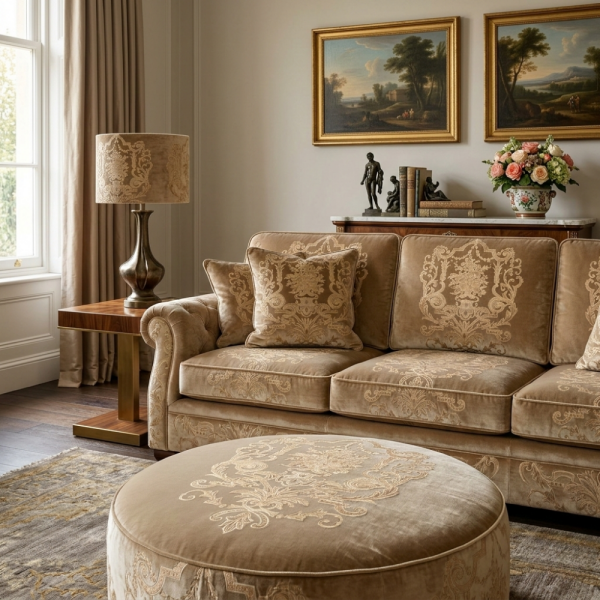 Kadife Üzeri Nakışlı Kombin Döşemelik Kumaşlar