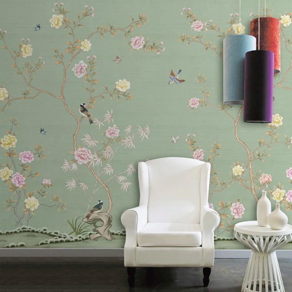 Mint Zeminde Çin Gülü Ve Kırlangıçlar Duvar Kağıdı