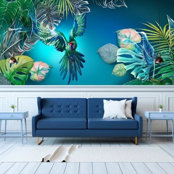 Mavi Zeminde Egzotik Papağan Duvar Kağıdı
