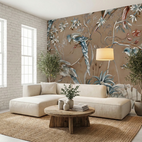 Kuş ve Çiçek Desenli Duvar Kağıdı