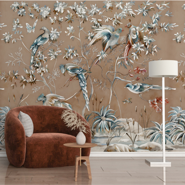 Kuş ve Çiçek Desenli Duvar Kağıdı