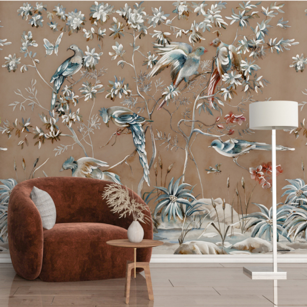 Kuş ve Çiçek Desenli Duvar Kağıdı