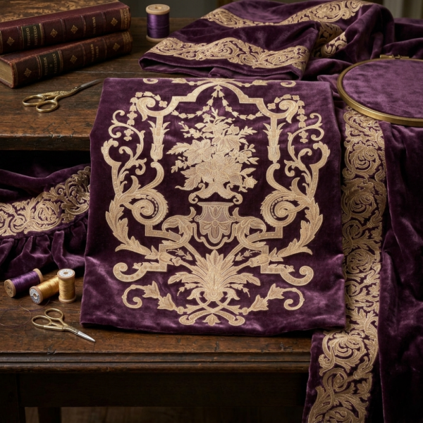 Kadife Üzeri Nakışlı Kombin Döşemelik Kumaşlar