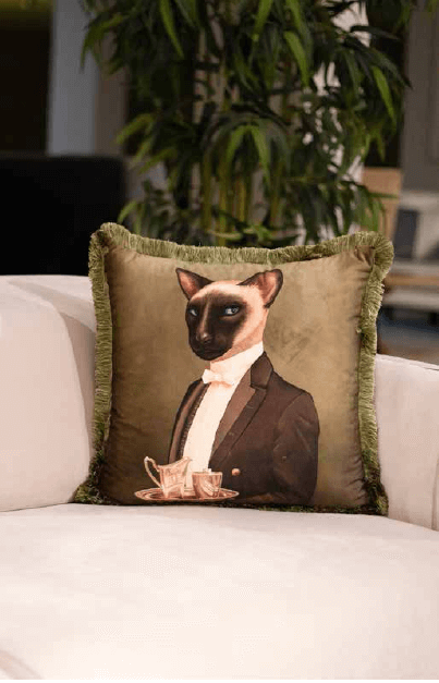 Figüratif Desen Kedi Kadife Yastık