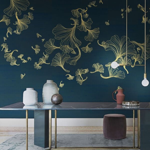 Lacivert Zeminde Gold Çizim Yapraklar Duvar Kağıdı