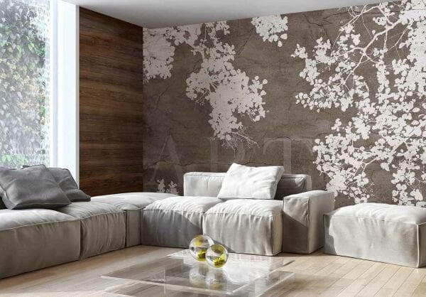 Sepya Zemin Üzerinde Beyaz Çiçekler Duvar Kağıdı