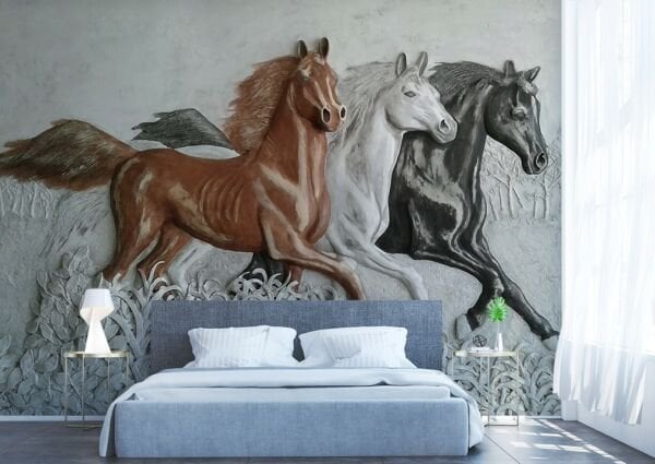 Üç Boyutlu Atlar Beyaz Kahve Siyah Duvar Kağıdı