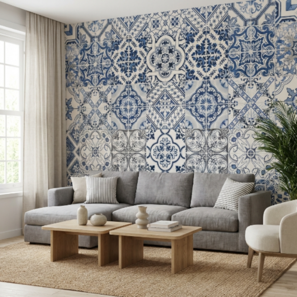 Mavi Kare Çini Desen Duvar Kağıdı