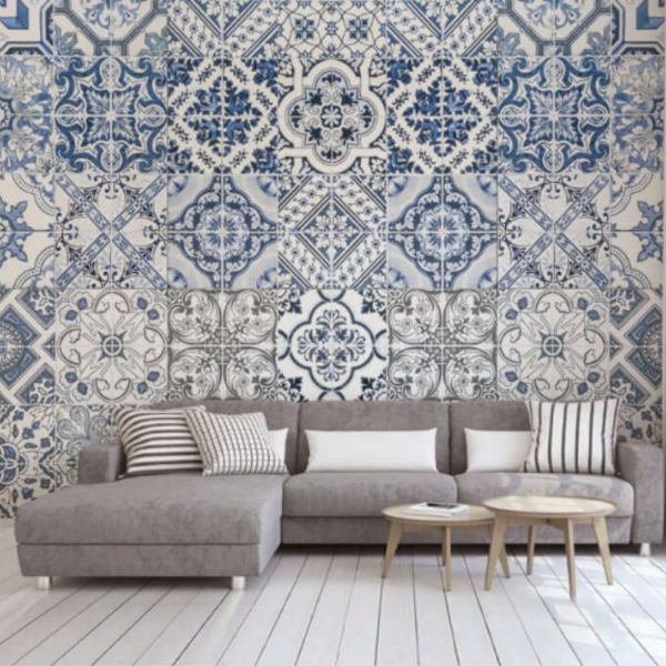 Mavi Kare Çini Desen Duvar Kağıdı