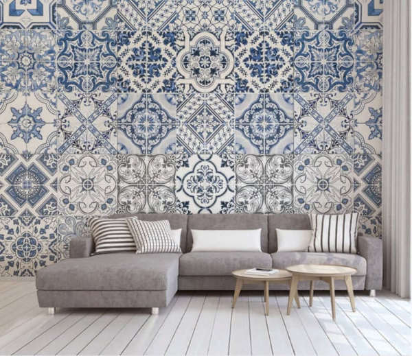 Mavi Kare Çini Desen Duvar Kağıdı