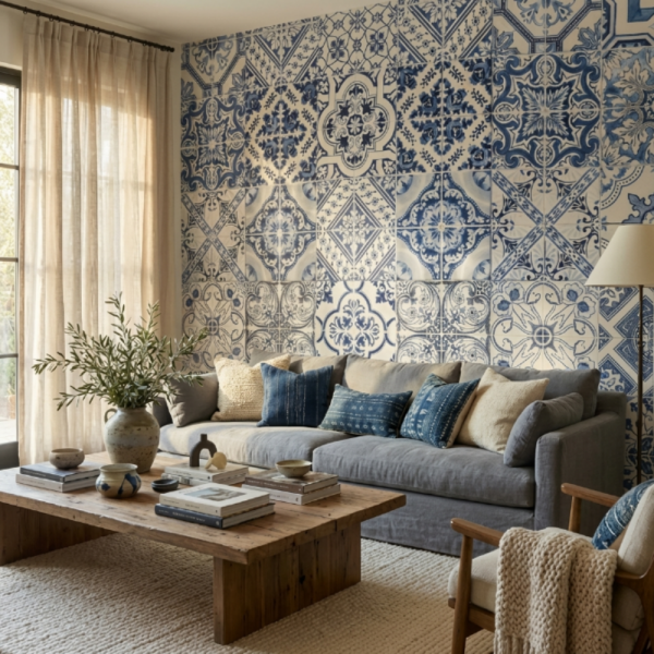 Mavi Kare Çini Desen Duvar Kağıdı