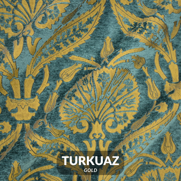 Osmanlı Lalesi Desenli Döşemelik Kumaş Turkuaz Gold