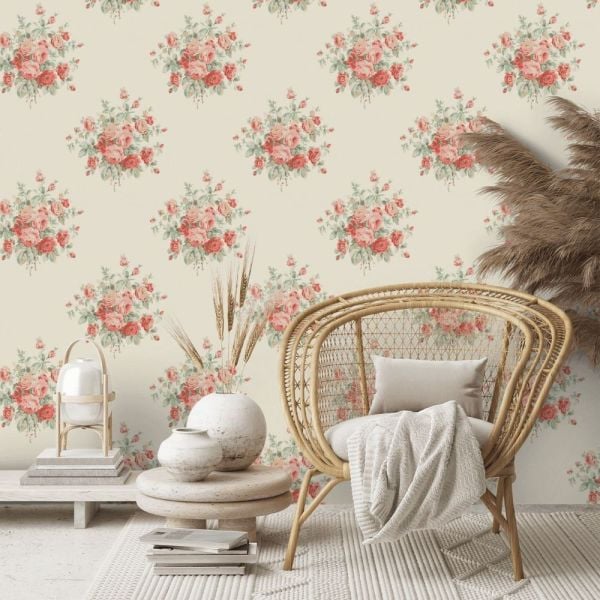 Wainscott Floral Kırmızı Krem Renk Duvar Kağıdı