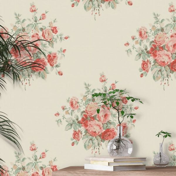 Wainscott Floral Kırmızı Krem Renk Duvar Kağıdı