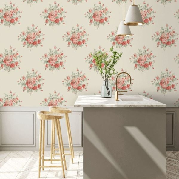 Wainscott Floral Kırmızı Krem Renk Duvar Kağıdı