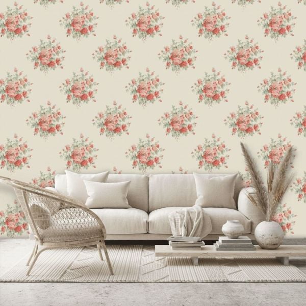 Wainscott Floral Kırmızı Krem Renk Duvar Kağıdı