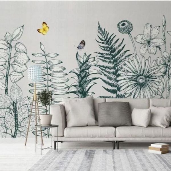 Büyük Çiçek Yapraklar Çizim Duvar Kağıdı