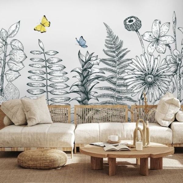 Büyük Çiçek Yapraklar Çizim Duvar Kağıdı