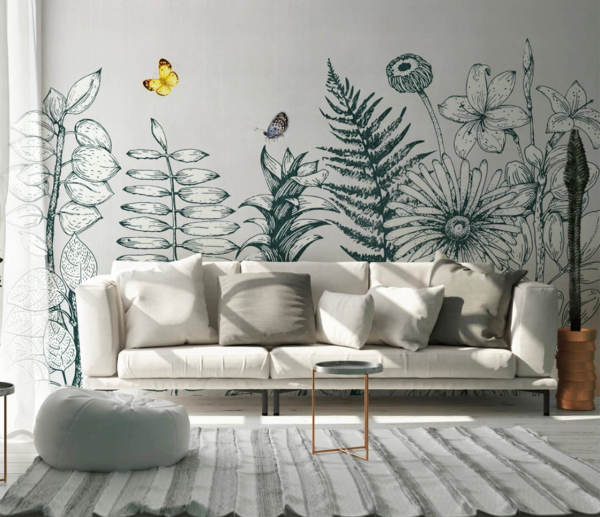 Büyük Çiçek Yapraklar Çizim Duvar Kağıdı