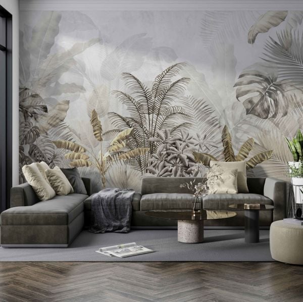 Gri Zeminde Sepya Tropik Yapraklar Tasarım Duvar Kağıdı