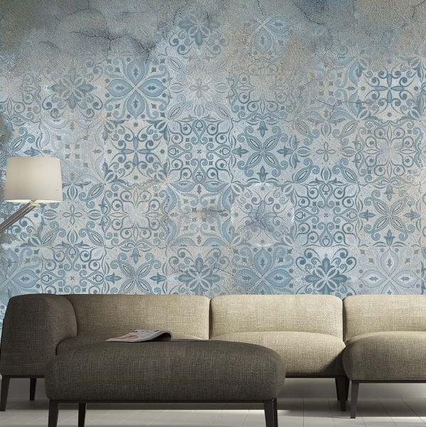 Vıntage Karo Mavi Etnik Desen Duvar Kağıdı