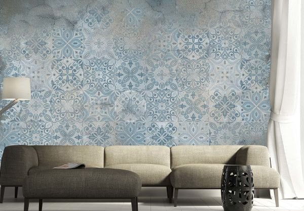 Vıntage Karo Mavi Etnik Desen Duvar Kağıdı