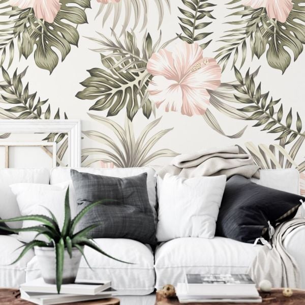 Vintage Pinky Yapraklar Güller Çiçek Suluboya Duvar Kağıdı